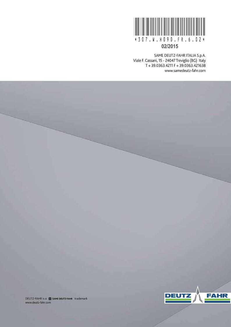 Op de afbeelding: Brochure met een grijze en witte achtergrond. De rechterbovenhoek heeft een streepjescode en de tekst "*307.W.H090.FR.6.02* 02/2015". De rechterbenedenhoek heeft het DEUTZ FAHR-logo.