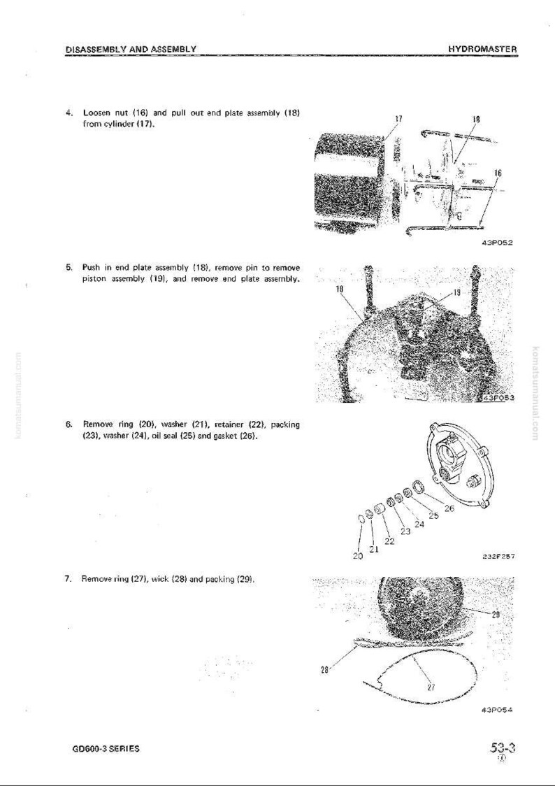 Pu&ograve; includere: Diagramma del processo di assemblaggio e smontaggio di un Hydromaster. L'immagine include parti numerate, come dadi, piastre, anelli, rondelle e guarnizioni, con illustrazioni corrispondenti. Le istruzioni testuali accompagnano i diagrammi.
