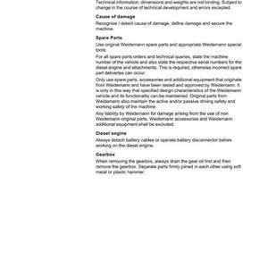 May include: A page from a Weidemann service manual with repair instructions. The text includes technical specifications, instructions for spare parts, diesel engine maintenance, and gearbox removal procedures.
