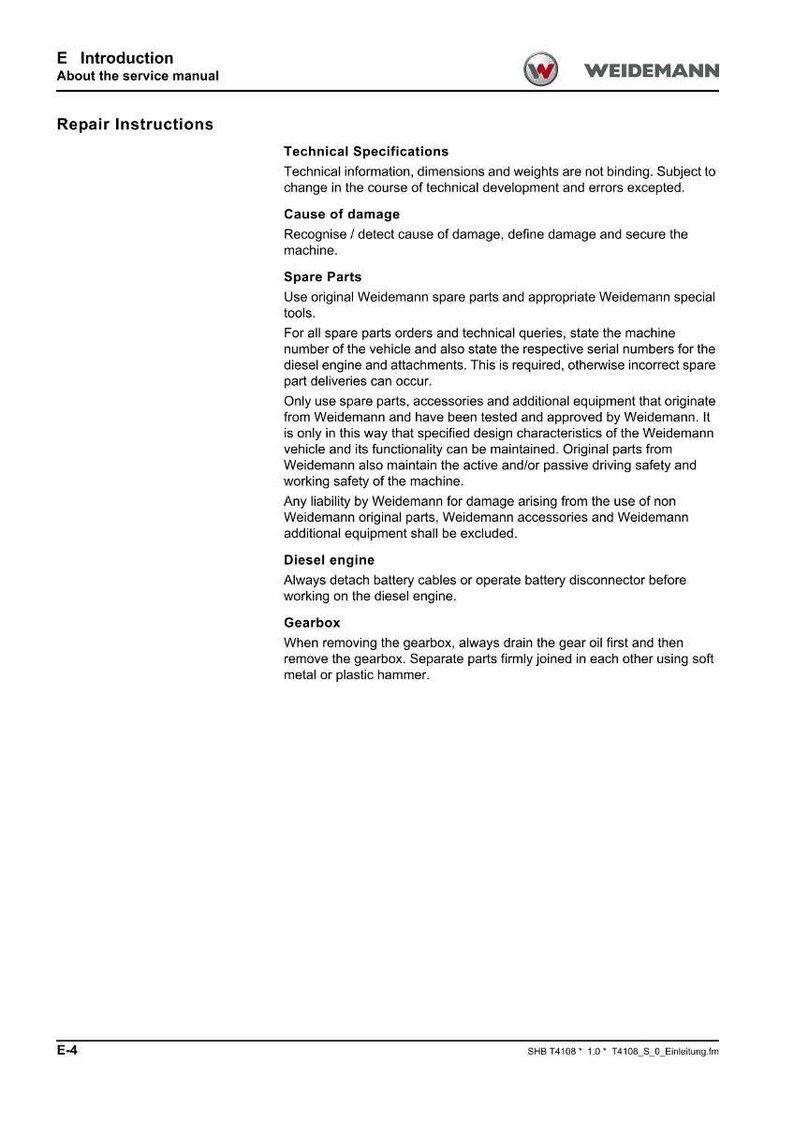May include: A page from a Weidemann service manual with repair instructions. The text includes technical specifications, instructions for spare parts, diesel engine maintenance, and gearbox removal procedures.