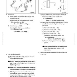 May include: Diagram from a manual detailing engine disassembly and assembly. It features illustrations of fuel lines, nuts, and bolts, with measurements in millimetres and Newton-metres. Text provides instructions for head cover and fuel high-pressure pipe installation.