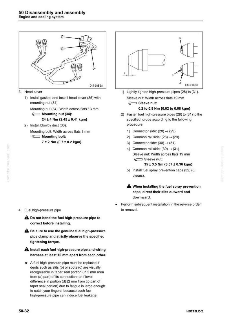 May include: Diagram from a manual detailing engine disassembly and assembly. It features illustrations of fuel lines, nuts, and bolts, with measurements in millimetres and Newton-metres. Text provides instructions for head cover and fuel high-pressure pipe installation.