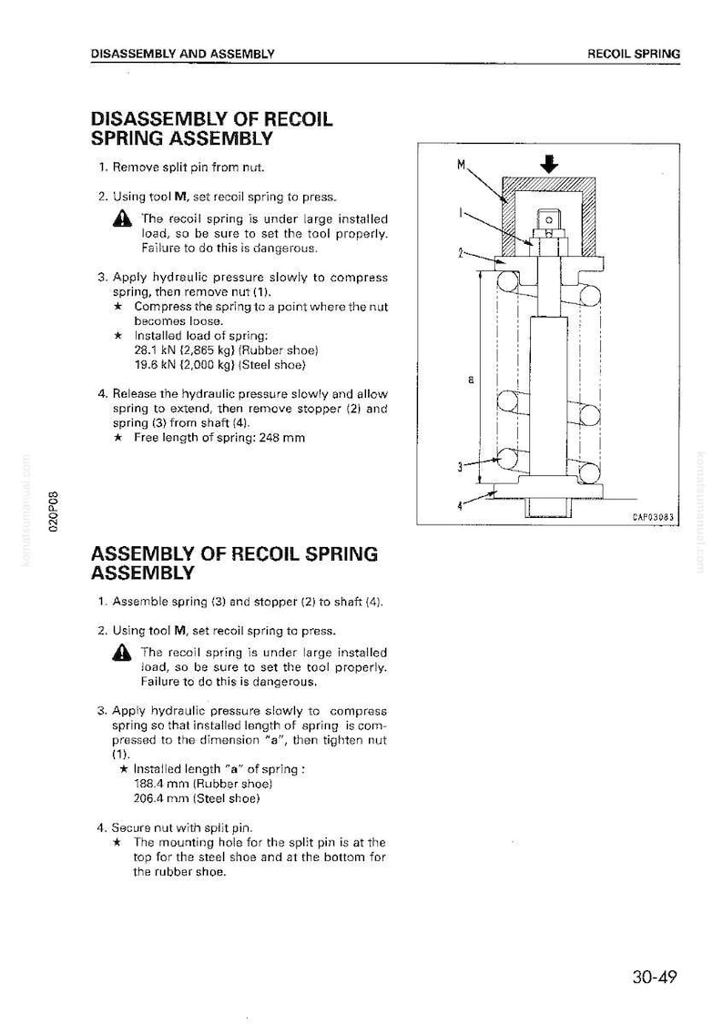 Pu&ograve; includere: Diagramma delle istruzioni di montaggio e smontaggio della molla di rinculo. Il diagramma include un'illustrazione dettagliata dei componenti della molla, con misure in millimetri e kilonewton. Sono incluse anche istruzioni testuali.
