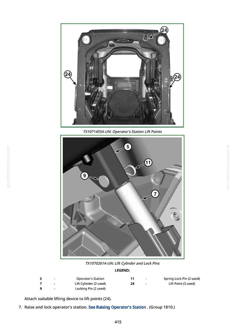 Op de afbeelding: Diagram van een bestuurdersstation en hefpunten van een voertuig, met close-upweergaven van hefcilinders, borgpennen en veersluitpennen. Tekstlabels identificeren componenten en geven instructies.