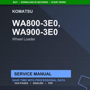 Puede incluir: Documento digital azul oscuro con el logotipo de Komatsu y el texto "WA800-3E0, WA900-3E0 Wheel Loader". El documento est&aacute; etiquetado como "Manual de servicio" e indica que contiene 1634 p&aacute;ginas en ingl&eacute;s.