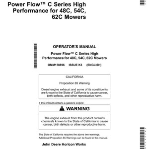 Puede incluir: Un manual blanco con el texto "Power Flow C Series High Performance para 48C, 54C, 62C Mowers" y "Manual del operador". Incluye una advertencia de la Proposici&oacute;n 65 de California.