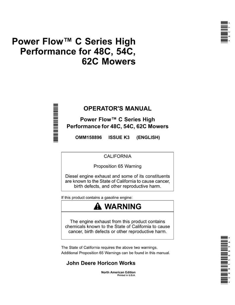 Puede incluir: Un manual blanco con el texto "Power Flow C Series High Performance para 48C, 54C, 62C Mowers" y "Manual del operador". Incluye una advertencia de la Proposici&oacute;n 65 de California.