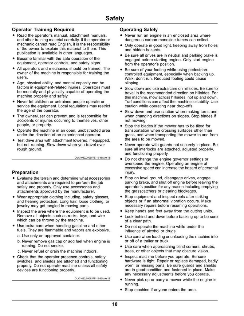 May include: A page from a safety manual, titled "Safety", detailing operator training and safe operating procedures. Includes warnings and instructions for equipment use and maintenance.
