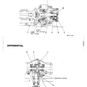 May include: Detailed technical diagram of a final drive and differential assembly. The diagram includes labeled components, measurements in kgm, and the text "FINAL DRIVE" and "DIFFERENTIAL". The image is a black and white line drawing.