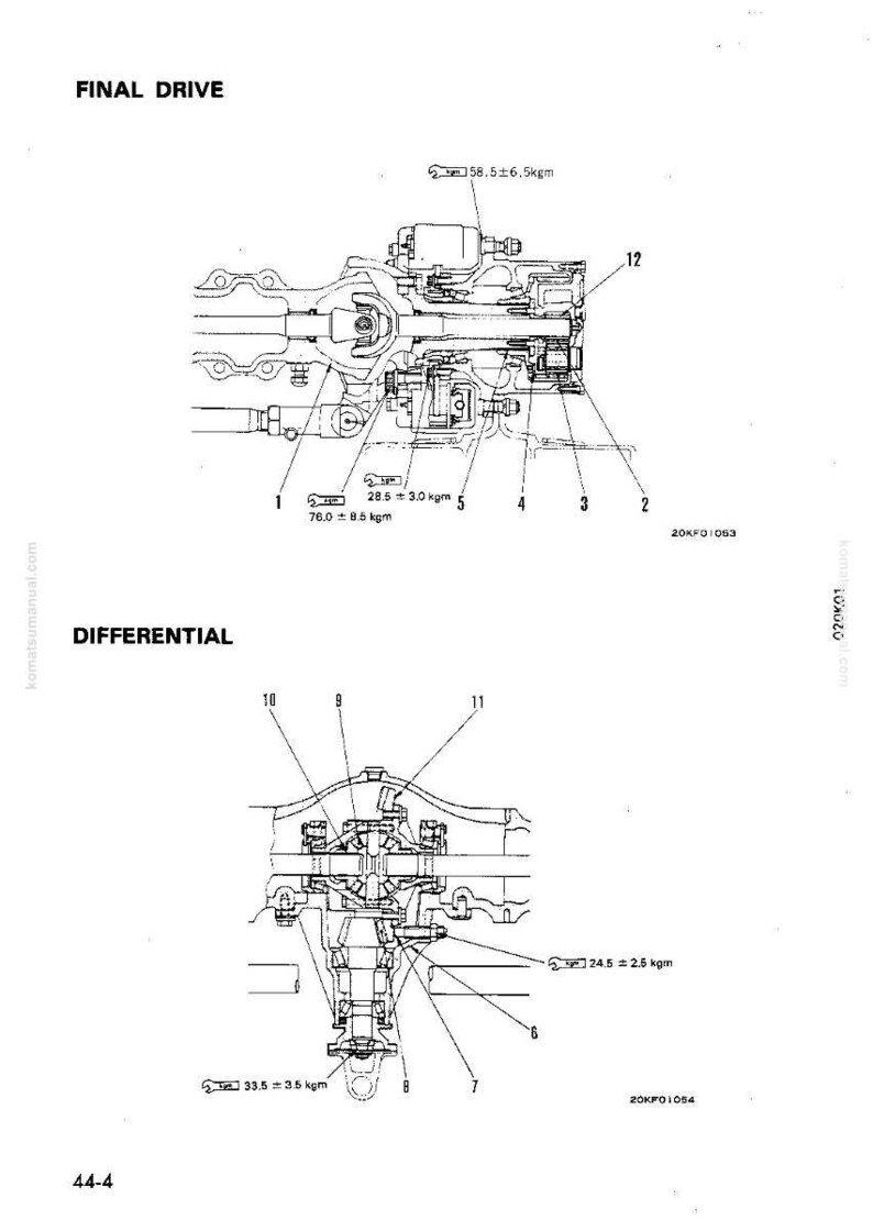 May include: Detailed technical diagram of a final drive and differential assembly. The diagram includes labeled components, measurements in kgm, and the text "FINAL DRIVE" and "DIFFERENTIAL". The image is a black and white line drawing.