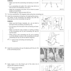 May include: Diagrams and instructions for assembling an engine, including steps for connecting rod puller use, bearing installation, and applying engine oil. Includes measurements in millimeters.