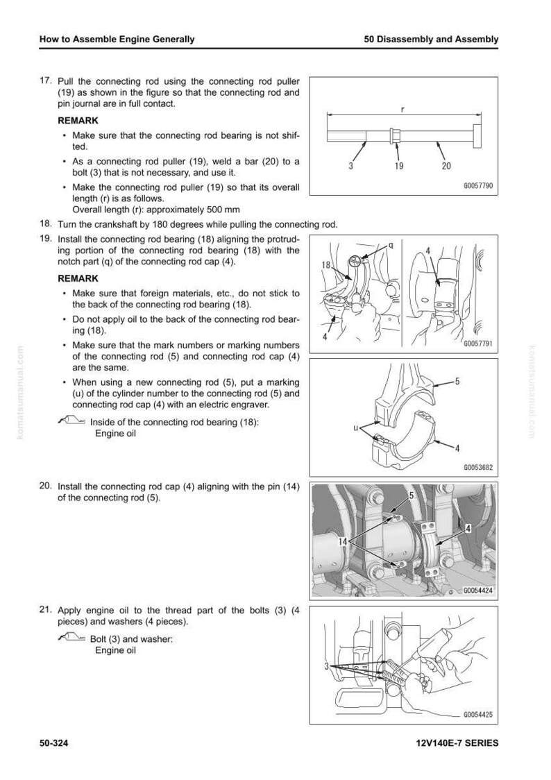 May include: Diagrams and instructions for assembling an engine, including steps for connecting rod puller use, bearing installation, and applying engine oil. Includes measurements in millimeters.