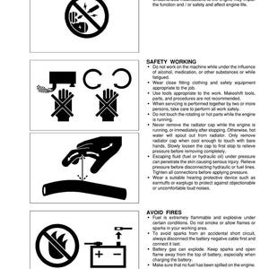 May include: White page with black illustrations and text detailing engine safety instructions. Includes warnings about starting, working, and avoiding fires. Features diagrams of prohibited actions and safety measures.