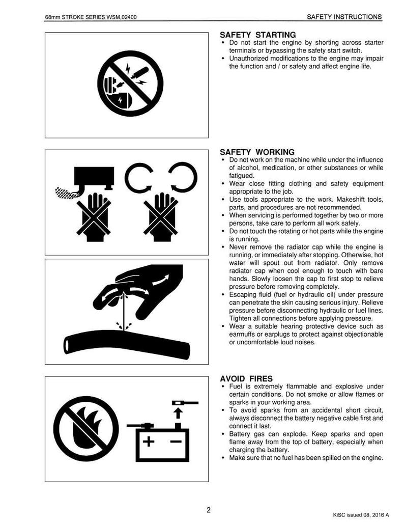 May include: White page with black illustrations and text detailing engine safety instructions. Includes warnings about starting, working, and avoiding fires. Features diagrams of prohibited actions and safety measures.
