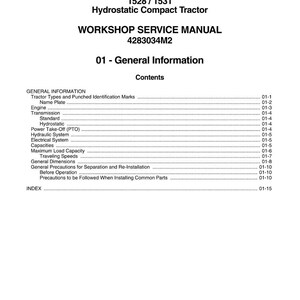 May include: A white workshop service manual for a Massey Ferguson 1528/1531 Hydrostatic Compact Tractor. The cover displays the title, model numbers, and a table of contents with various sections like engine, transmission, and hydraulic system.