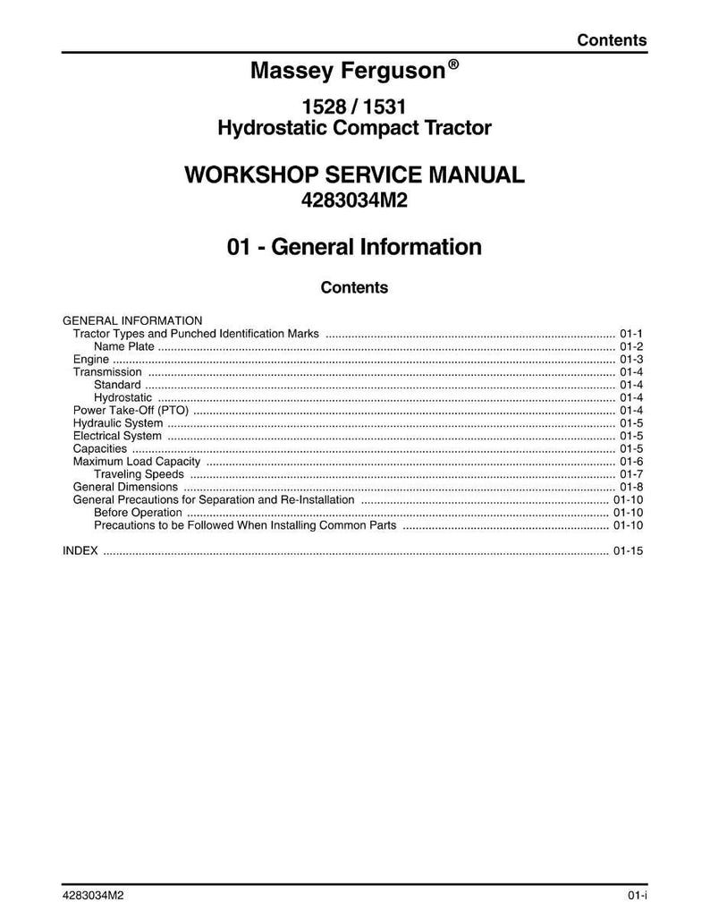 May include: A white workshop service manual for a Massey Ferguson 1528/1531 Hydrostatic Compact Tractor. The cover displays the title, model numbers, and a table of contents with various sections like engine, transmission, and hydraulic system.