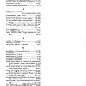 May include: An open book page with an index of troubleshooting topics and system functions. The index includes topics like engine troubleshooting, urea SCR systems, and work equipment. The page number 18 is visible.