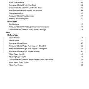 May include: A white page from a manual with the title "Flex Platform Hydraulics." The page lists various service equipment, specifications, and procedures for hydraulic systems and augers, with page numbers.