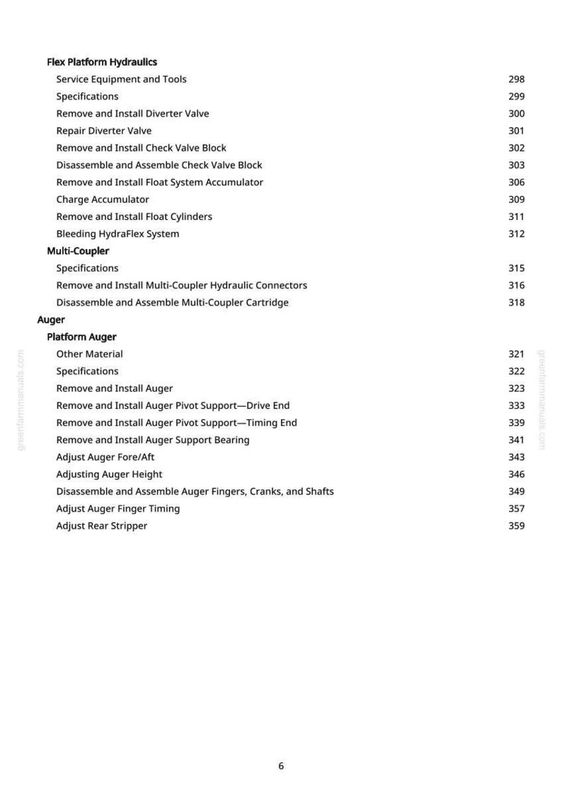 May include: A white page from a manual with the title "Flex Platform Hydraulics." The page lists various service equipment, specifications, and procedures for hydraulic systems and augers, with page numbers.