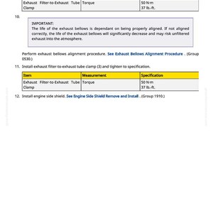 Puede incluir: P&aacute;gina de manual con instrucciones para instalar componentes de escape. El texto incluye pasos para instalar abrazaderas y fuelles de tubo de escape, con especificaciones de par en N-m y lb.-ft.
