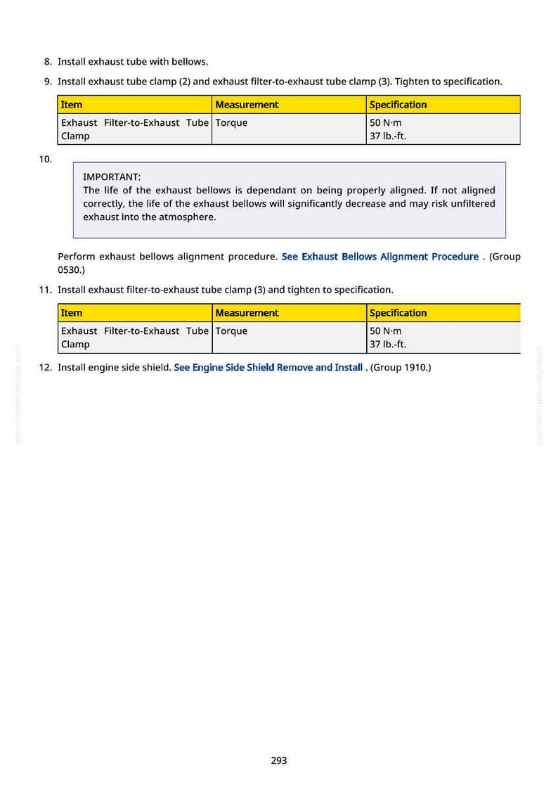 Puede incluir: P&aacute;gina de manual con instrucciones para instalar componentes de escape. El texto incluye pasos para instalar abrazaderas y fuelles de tubo de escape, con especificaciones de par en N-m y lb.-ft.