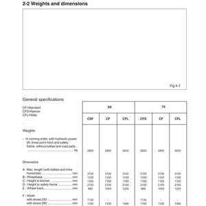 Puede incluir: Documento t&eacute;cnico titulado "Identificaci&oacute;n y especificaciones t&eacute;cnicas del tractor". Incluye tablas con dimensiones y pesos en mil&iacute;metros y kilogramos para diferentes modelos de tractor.