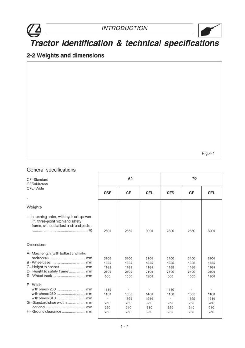 Puede incluir: Documento t&eacute;cnico titulado "Identificaci&oacute;n y especificaciones t&eacute;cnicas del tractor". Incluye tablas con dimensiones y pesos en mil&iacute;metros y kilogramos para diferentes modelos de tractor.