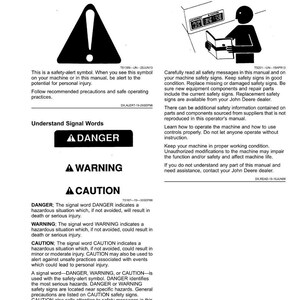 May include: A manual page with safety information. The page includes safety alert symbols, signal words like "DANGER," "WARNING," and "CAUTION," and instructions for safe operation. The text is in black and white.
