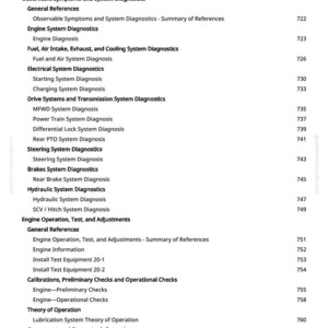 May include: A white page featuring a detailed table of contents for a manual. The text includes sections on engine diagnostics, electrical systems, and adjustments, with page numbers listed on the right.
