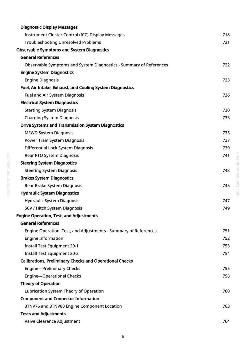 May include: A white page featuring a detailed table of contents for a manual. The text includes sections on engine diagnostics, electrical systems, and adjustments, with page numbers listed on the right.