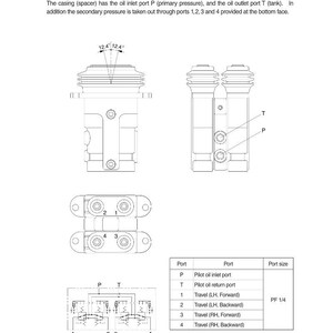 Pu&ograve; includere: Schema tecnico di un pedale RCV, che mostra la porta di ingresso dell'olio P, la porta di uscita dell'olio T e le porte 1, 2, 3 e 4. Include uno schema del circuito idraulico e una tabella con funzioni e dimensioni delle porte.