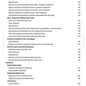 May include: A page from a manual with a table of contents. The text includes specifications for drive belts, gear cases, hydraulics, and lift cylinders. Page numbers are listed on the right side.