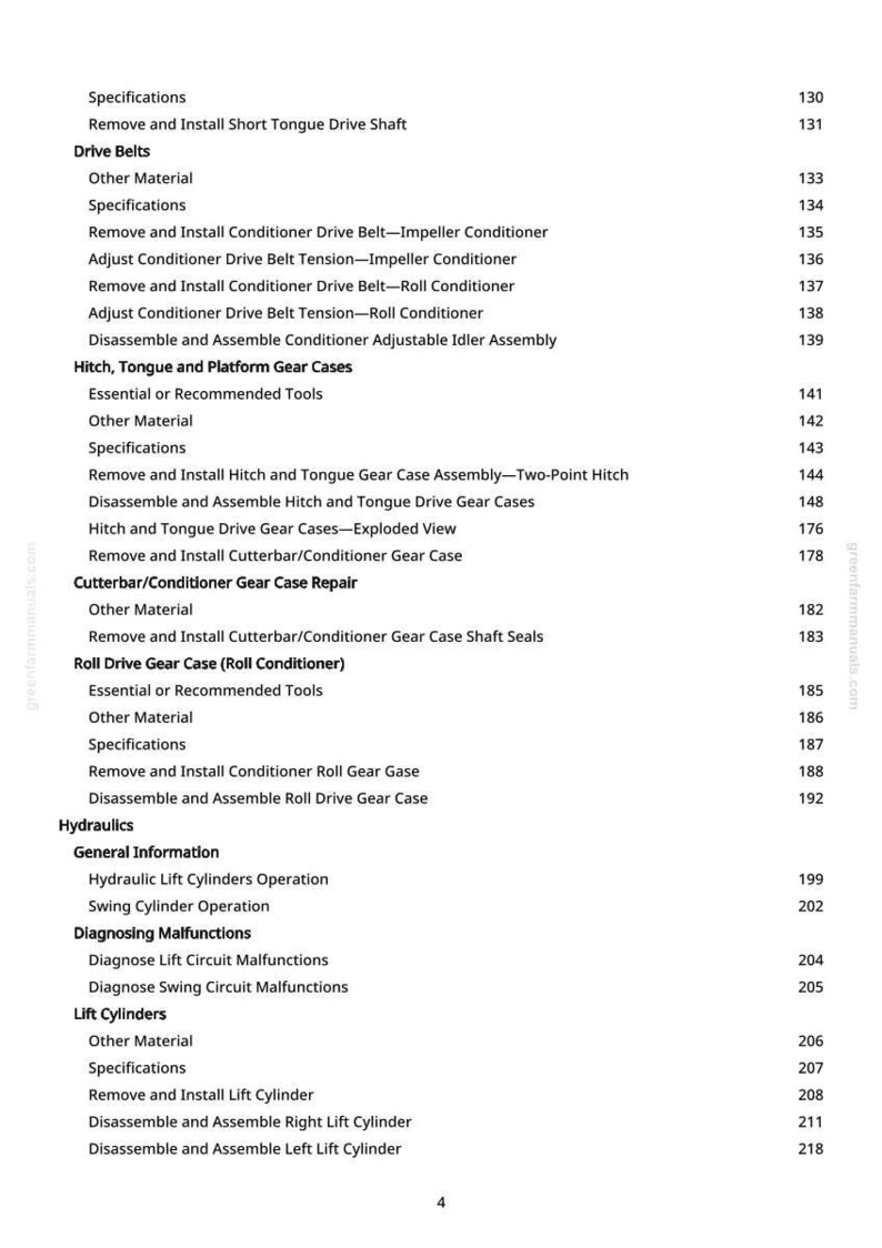 May include: A page from a manual with a table of contents. The text includes specifications for drive belts, gear cases, hydraulics, and lift cylinders. Page numbers are listed on the right side.
