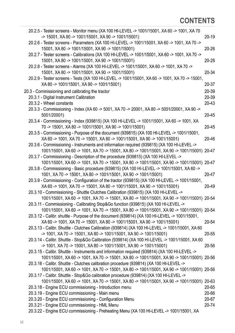May include: A page from a manual titled "CONTENTS" with a list of technical topics, including "Tester screens," "Commissioning," and "Engine ECU commissioning." The text is in black font on a white background, with page numbers on the right.