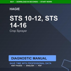 Puede incluir: Gr&aacute;fico azul oscuro con texto blanco que dice "HAGIE STS 10-12, STS 14-16 Pulverizador de cultivos". Debajo, un rect&aacute;ngulo azul indica "MANUAL DE DIAGN&Oacute;STICO". La imagen tambi&eacute;n incluye el texto "AHORRE TIEMPO CON DATOS PROFESIONALES 4597 P&Aacute;GINAS INGL&Eacute;S PDF".