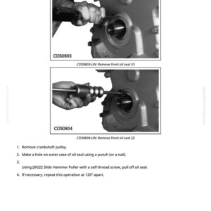 Puede incluir: Diagrama que ilustra la extracci&oacute;n del ret&eacute;n de aceite delantero del cig&uuml;e&ntilde;al. La imagen muestra dos pasos: el uso de una herramienta para quitar el ret&eacute;n y un extractor de martillo deslizante. El texto incluye instrucciones y n&uacute;meros de pieza.