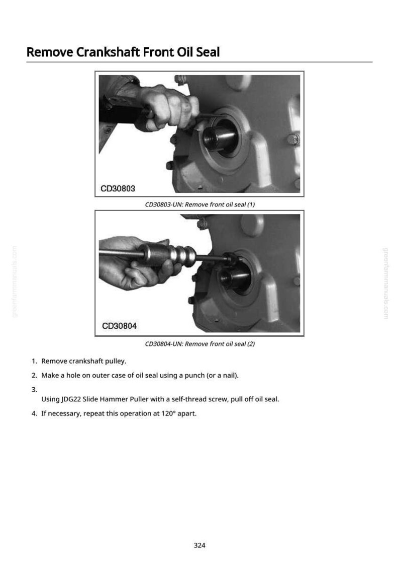 Puede incluir: Diagrama que ilustra la extracci&oacute;n del ret&eacute;n de aceite delantero del cig&uuml;e&ntilde;al. La imagen muestra dos pasos: el uso de una herramienta para quitar el ret&eacute;n y un extractor de martillo deslizante. El texto incluye instrucciones y n&uacute;meros de pieza.