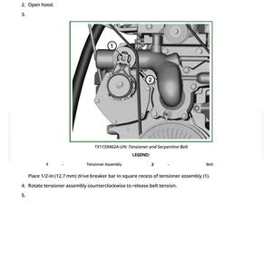 May include: Diagram illustrating serpentine belt removal and installation. The image shows a detailed view of an engine component with labels for the tensioner assembly and belt. Instructions include placing a 1/2-in drive breaker bar and rotating the tensioner.