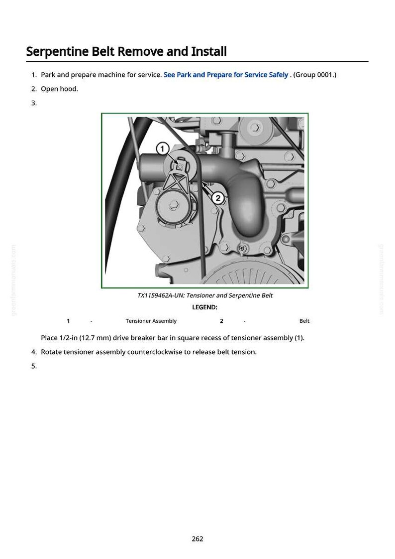 May include: Diagram illustrating serpentine belt removal and installation. The image shows a detailed view of an engine component with labels for the tensioner assembly and belt. Instructions include placing a 1/2-in drive breaker bar and rotating the tensioner.