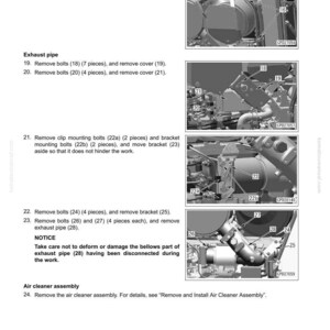 May include: Diagram of engine components with labels and instructions for disassembly and assembly. Includes images of bolts, clamps, and exhaust pipes. Text reads "Remove and Install KDPF and SCR Assembly."