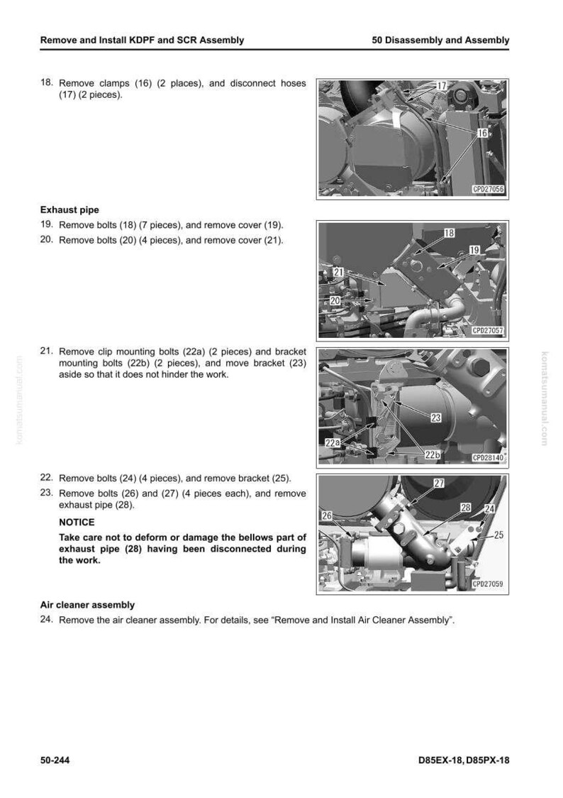 May include: Diagram of engine components with labels and instructions for disassembly and assembly. Includes images of bolts, clamps, and exhaust pipes. Text reads "Remove and Install KDPF and SCR Assembly."