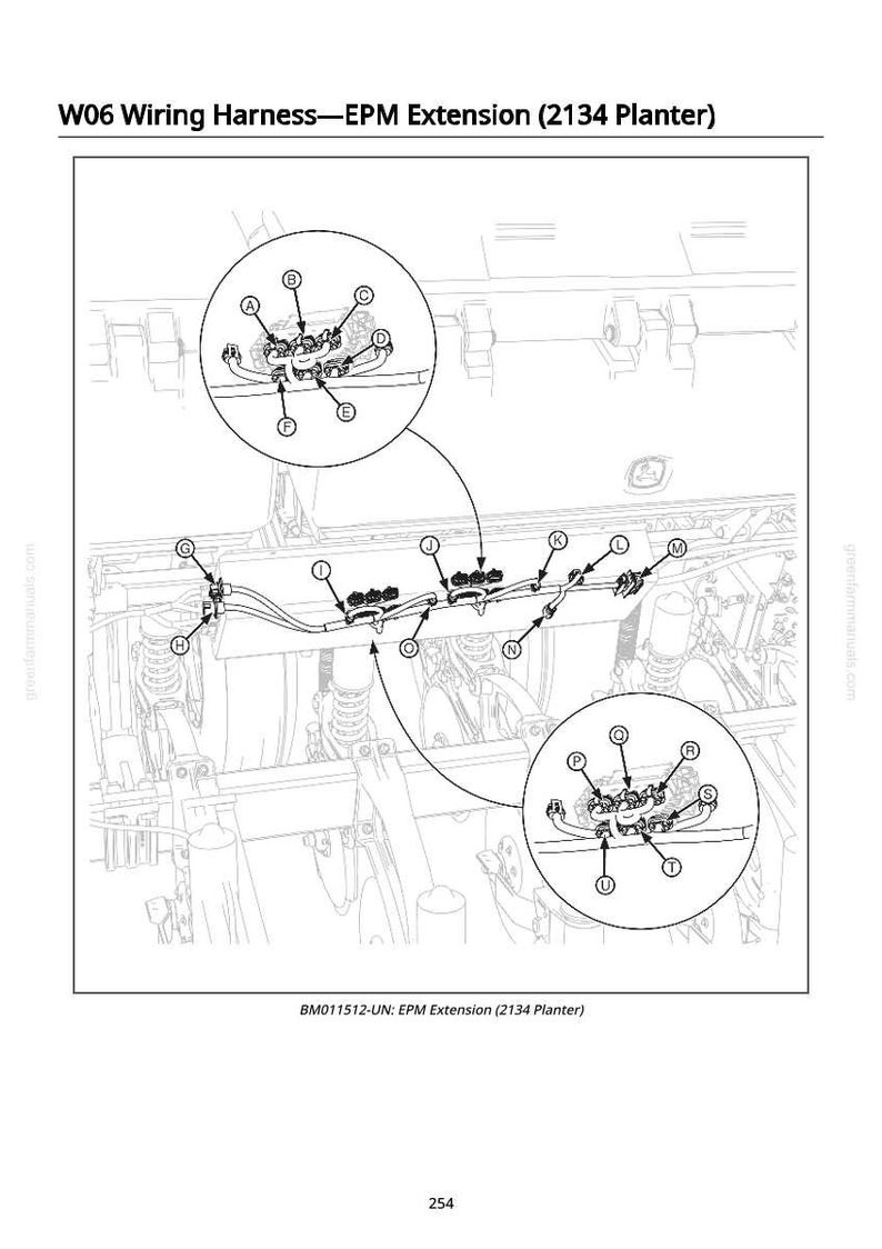 May include: Diagram of a W06 wiring harness EPM extension for a 2134 planter. The image includes detailed illustrations of the wiring components, with labels A through U, and includes the text "BM011512-UN: EPM Extension (2134 Planter)".