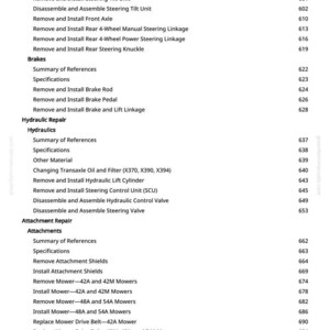 May include: A page from a manual with a list of procedures and page numbers. Topics include steering, brakes, hydraulic repair, and mower maintenance. The text is in black font on a white background.