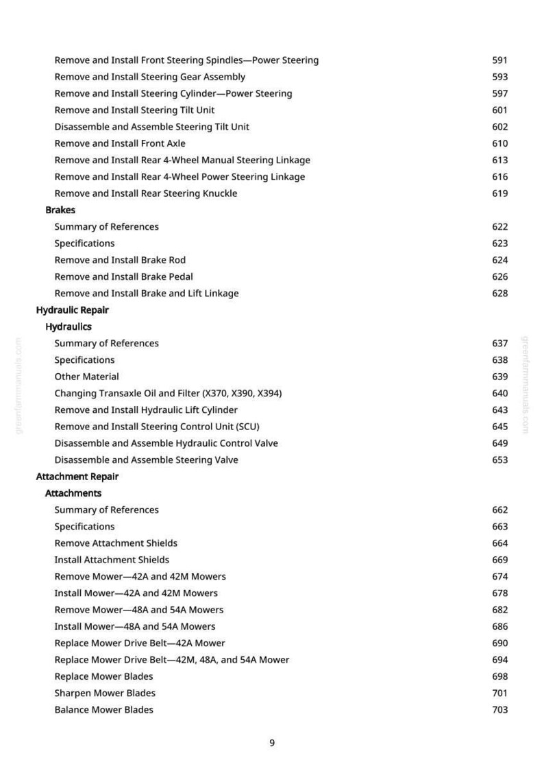 May include: A page from a manual with a list of procedures and page numbers. Topics include steering, brakes, hydraulic repair, and mower maintenance. The text is in black font on a white background.