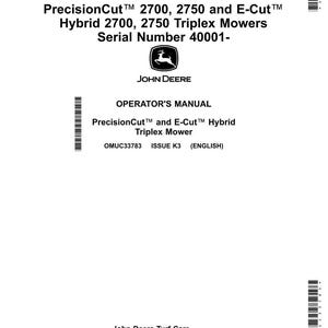 May include: A white operator's manual for PrecisionCut and E-Cut Hybrid Triplex Mowers. The cover features the John Deere logo and text including "PrecisionCut 2700, 2750 and E-Cut Hybrid 2700, 2750 Triplex Mowers".