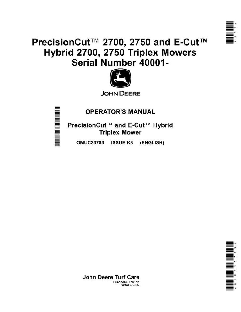 May include: A white operator's manual for PrecisionCut and E-Cut Hybrid Triplex Mowers. The cover features the John Deere logo and text including "PrecisionCut 2700, 2750 and E-Cut Hybrid 2700, 2750 Triplex Mowers".