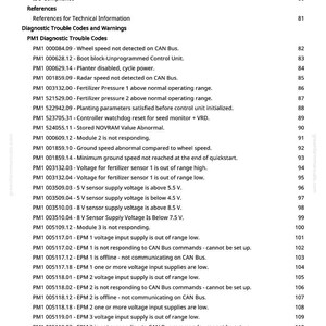May include: A white document page with black text detailing diagnostic trouble codes and warnings for agricultural equipment. The document includes a table of codes, descriptions, and page numbers, useful for troubleshooting.