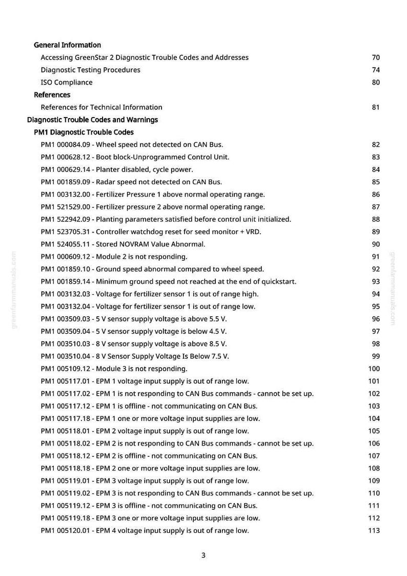 May include: A white document page with black text detailing diagnostic trouble codes and warnings for agricultural equipment. The document includes a table of codes, descriptions, and page numbers, useful for troubleshooting.