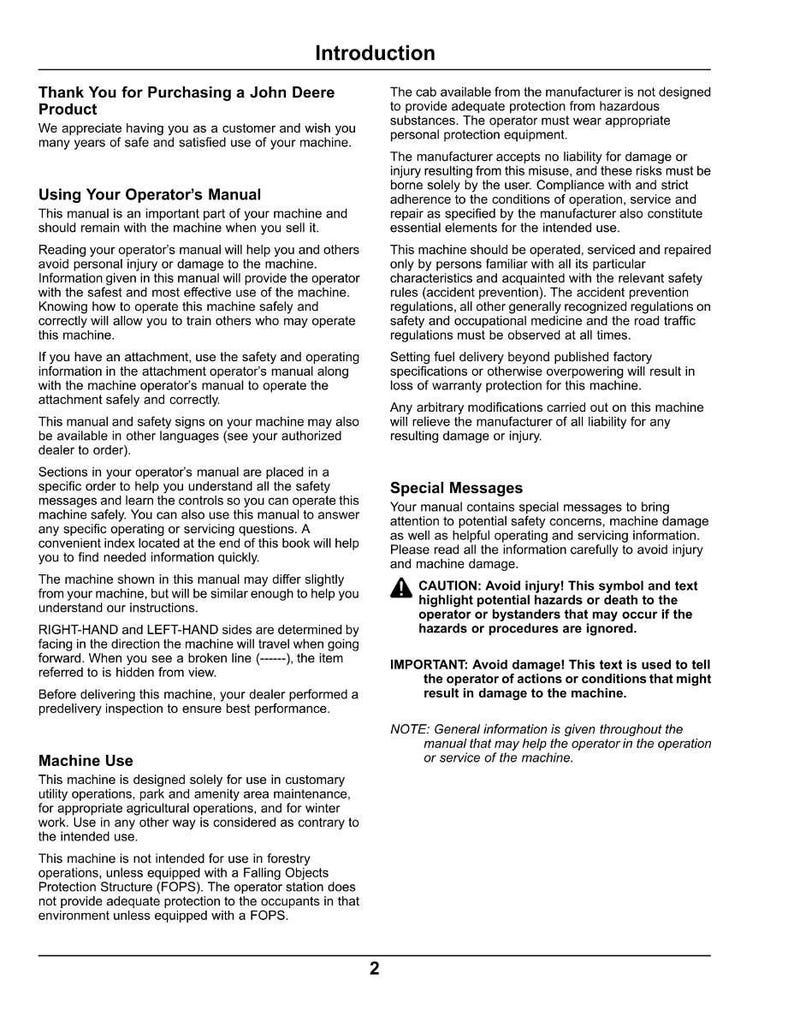 May include: A page from a John Deere product manual, featuring the "Introduction" section. The text covers safety, machine operation, and special messages. Includes a caution symbol and important safety information.