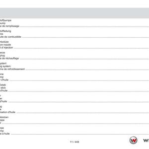 May include: A page from a manual with the title "Contents" in German, English, and French. The page lists various automotive components with corresponding page numbers, including fuel pump, fuel line, and glow plug.